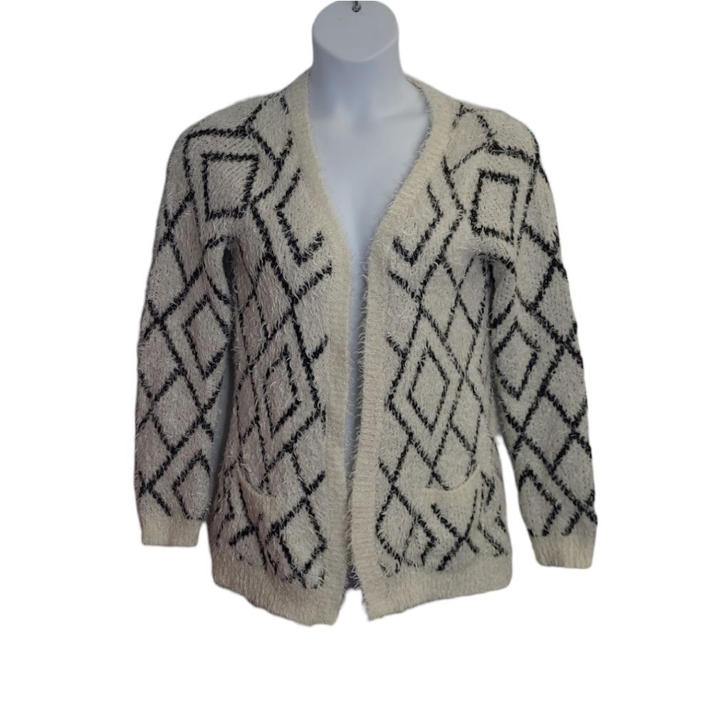 ZARA white‎ diamond pattern eyelash open front cardigan with pockets M